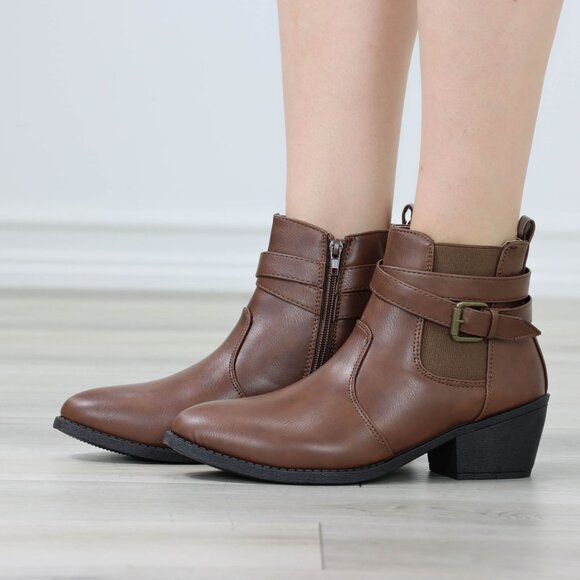 Brown Ankle Boots Buckle Strap Faux Leather Low Block Heel Side Zip - Picture 3 of 14